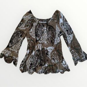 Signature by Larry Devine Boho Bell Sleeve Blouse Scalloped Eyelet Trim Size M